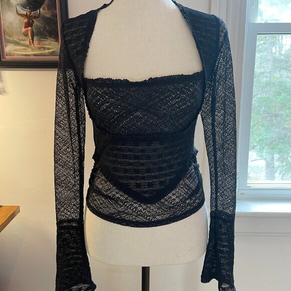 Free People My Party Long Sleeve Lace Crop Top In Black - Picture 1 of 2